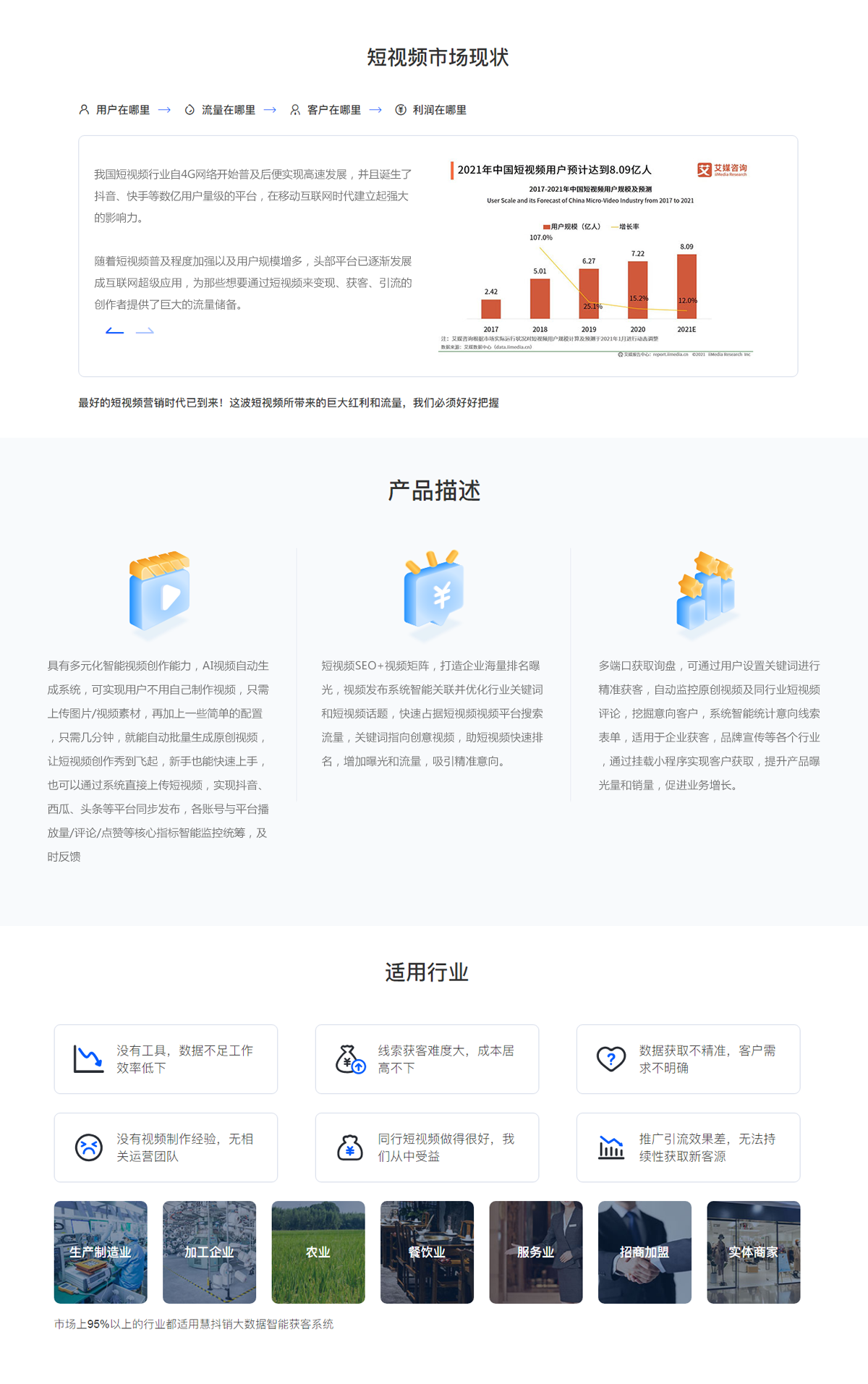 短視頻SEO+視頻矩陣，打造企業海量排名曝光，視頻發布系統智能關聯并優化行業關鍵詞和短視頻話題，快速占據短視頻視頻平臺搜索流量，關鍵詞指向創意視頻，助短視頻快速排名，增加曝光和流量，吸引精準意向。